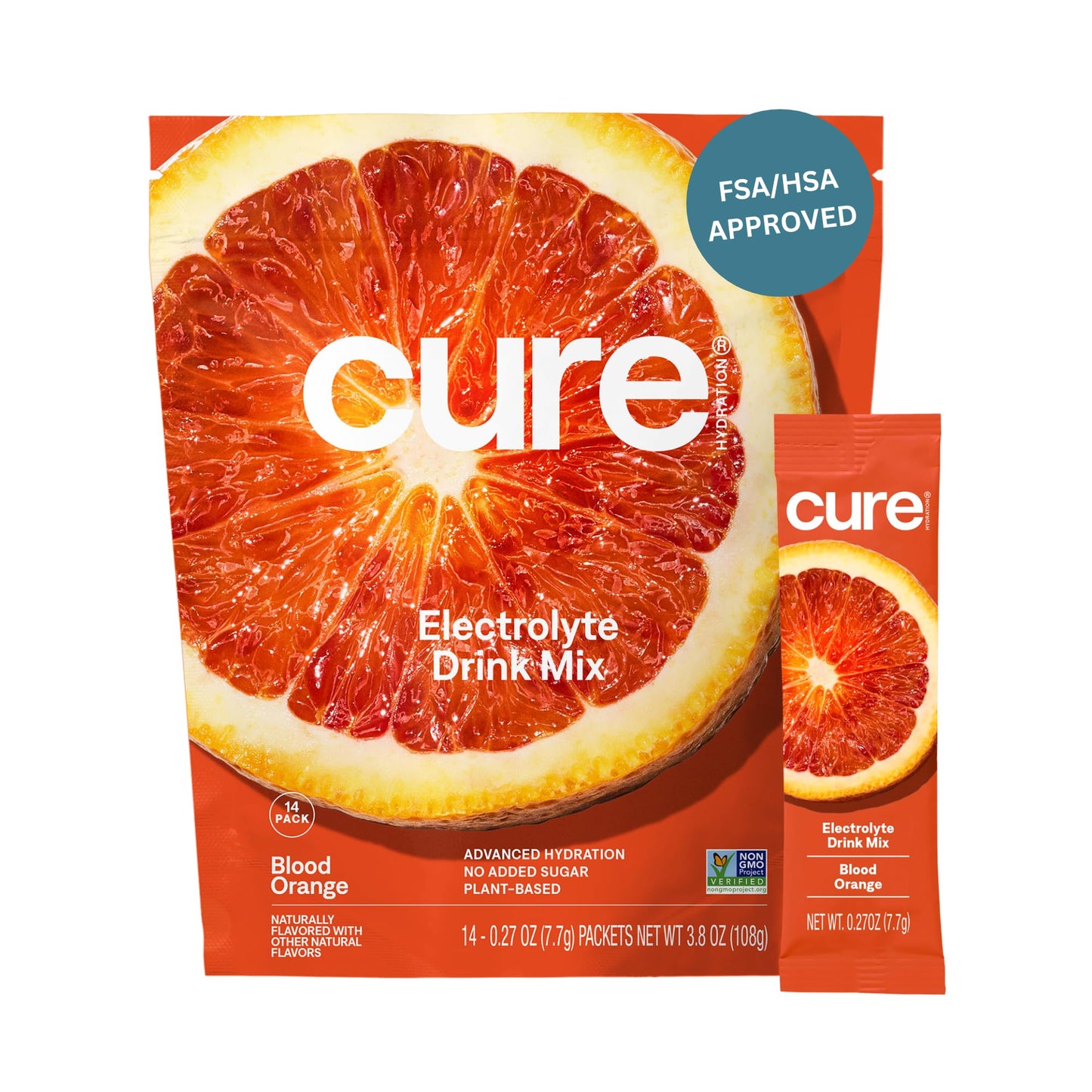Cure Hydration | Plant-Based Electrolyte Drink Mix | No Added Sugar | FSA-HSA | Dehydration Relief Powder Made with Coconut Water | Non-GMO | Vegan | Pouch of 14 Packets - Blood Orange - dailyvitalstore