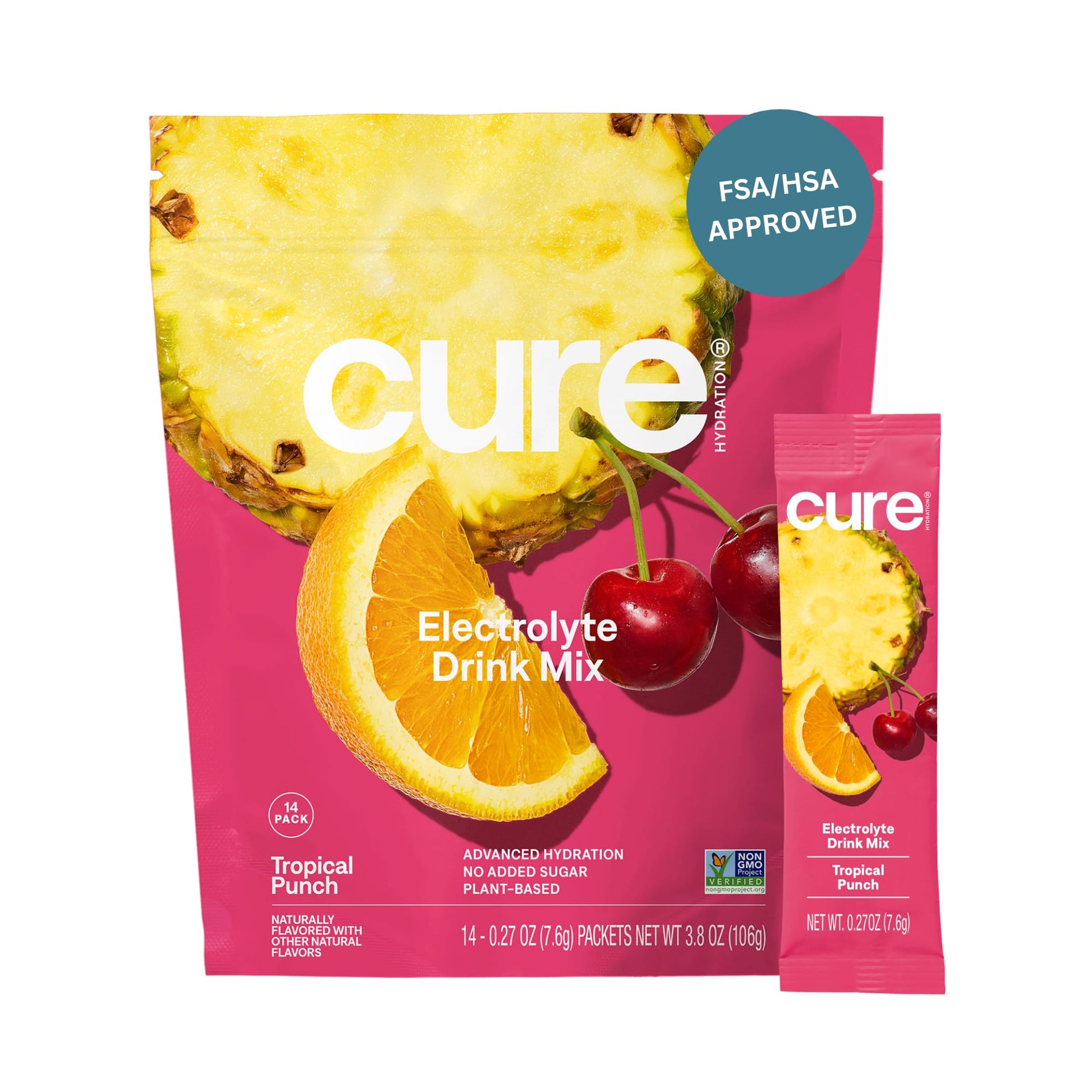 Cure Hydration | Plant-Based Electrolyte Drink Mix | No Added Sugar | FSA-HSA | Dehydration Relief Powder Made with Coconut Water | Non-GMO | Vegan | Pouch of 14 Packets - Tropical Punch - dailyvitalstore