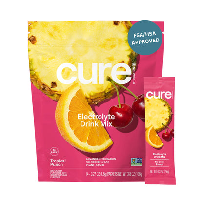 Cure Hydration | Plant-Based Electrolyte Drink Mix | No Added Sugar | FSA-HSA | Dehydration Relief Powder Made with Coconut Water | Non-GMO | Vegan | Pouch of 14 Packets - Tropical Punch - dailyvitalstore