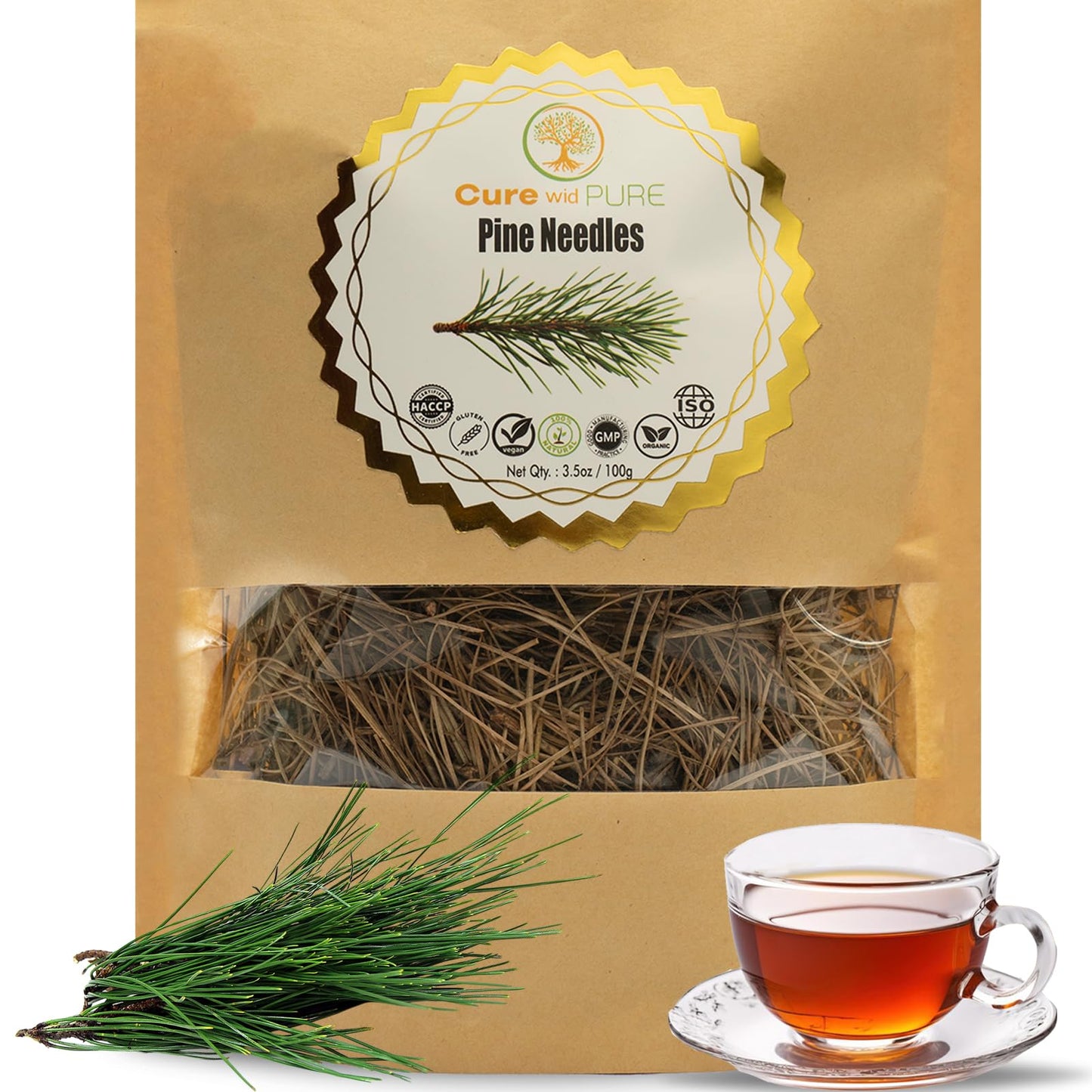 Cure Wid Pure Pine Needle Tea 3.5 Oz – 50 Cups Pine Tea – Wild Harvested from Pakistan in Eco-Friendly Resealable Pouch | Aromatic & Soothing Caffeine-Free Herbal Tea, Antioxidant & Immune Support - dailyvitalstore