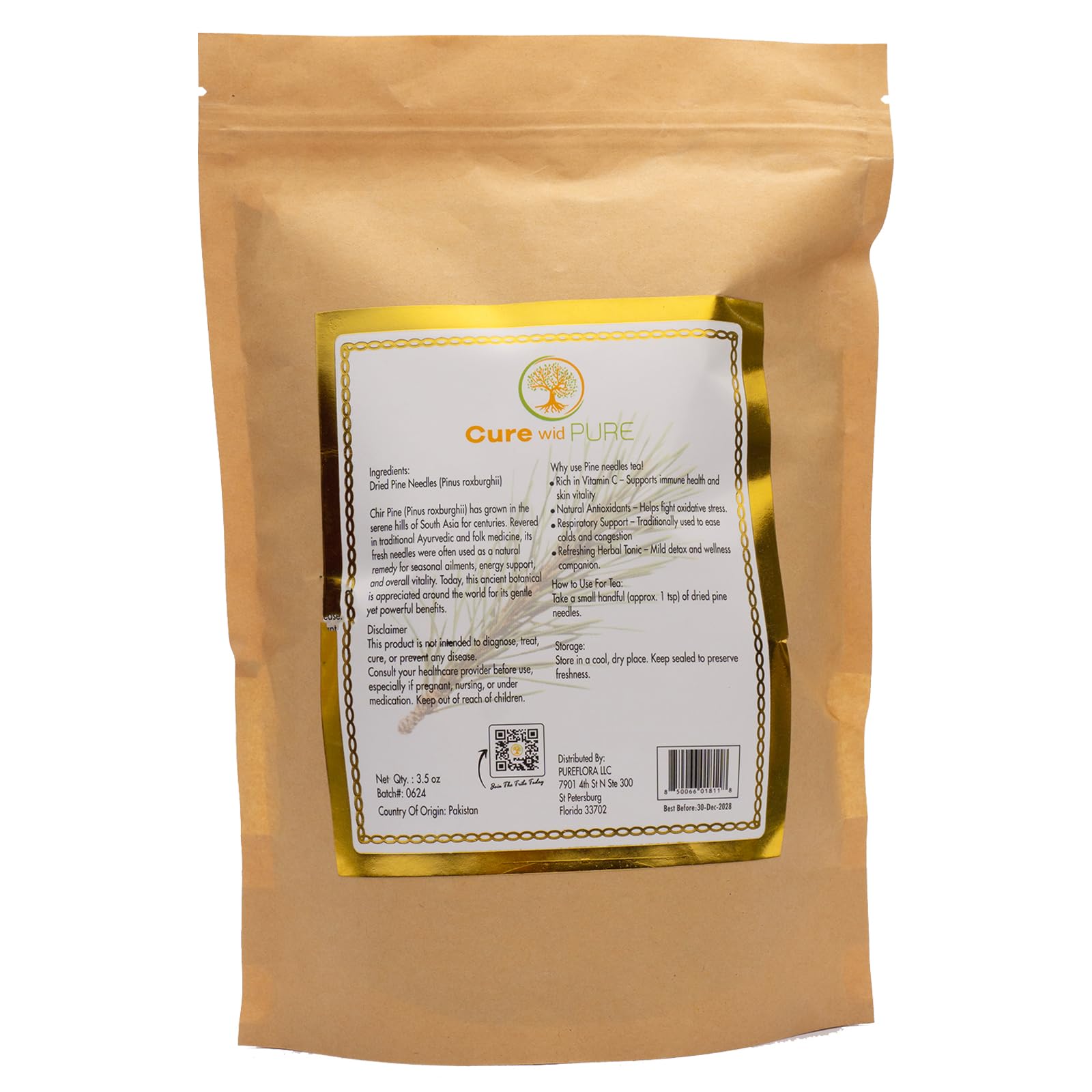 Cure Wid Pure Pine Needle Tea 3.5 Oz – 50 Cups Pine Tea – Wild Harvested from Pakistan in Eco-Friendly Resealable Pouch | Aromatic & Soothing Caffeine-Free Herbal Tea, Antioxidant & Immune Support - dailyvitalstore