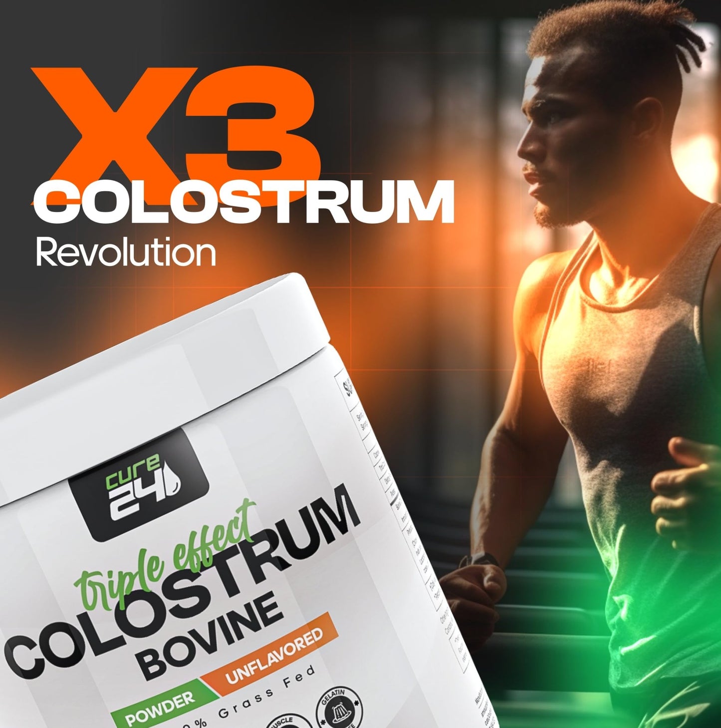 Cure24 Bovine Colostrum X3 Supplement Powder for Humans, 100% Pure Whole Natural Grass Fed Superfood, High IgG, Plus Probiotic - dailyvitalstore