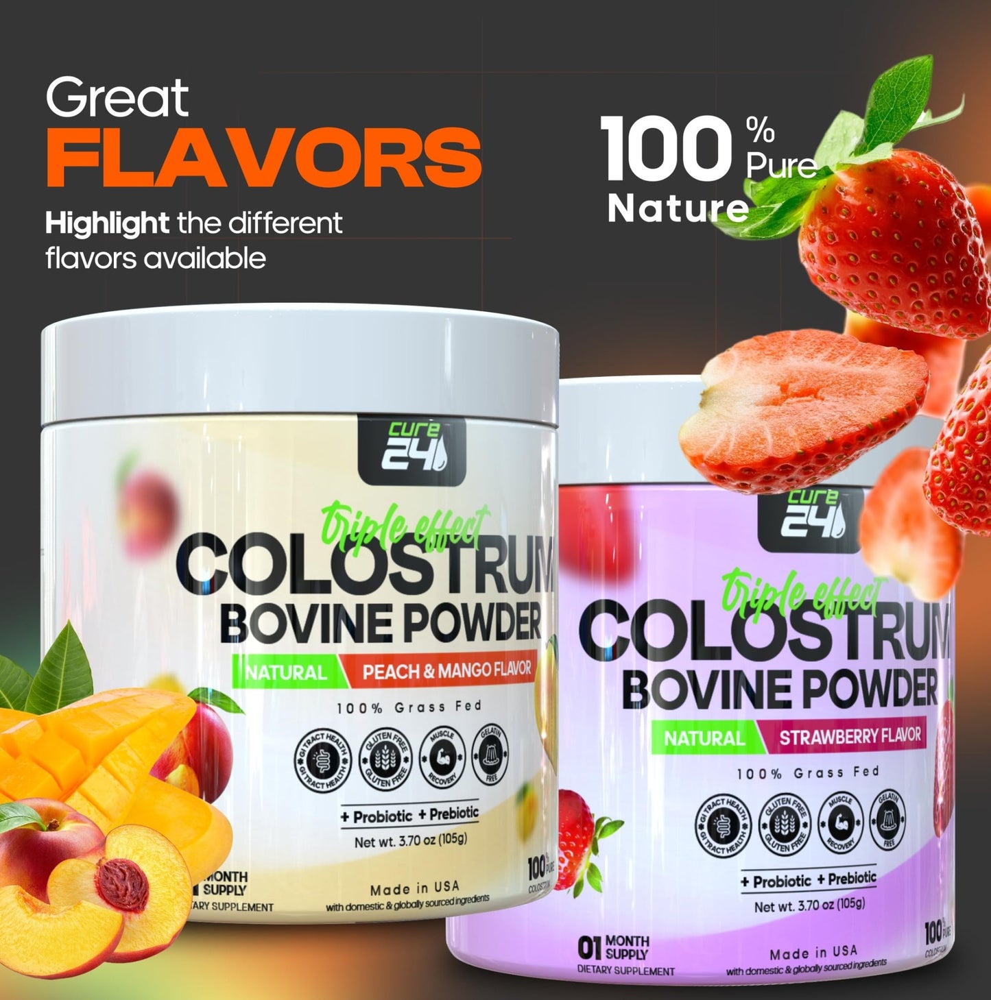 Cure24 Bovine Colostrum X3 Supplement Powder for Humans, 100% Pure Whole Natural Grass Fed Superfood, High IgG, Plus Probiotic - dailyvitalstore