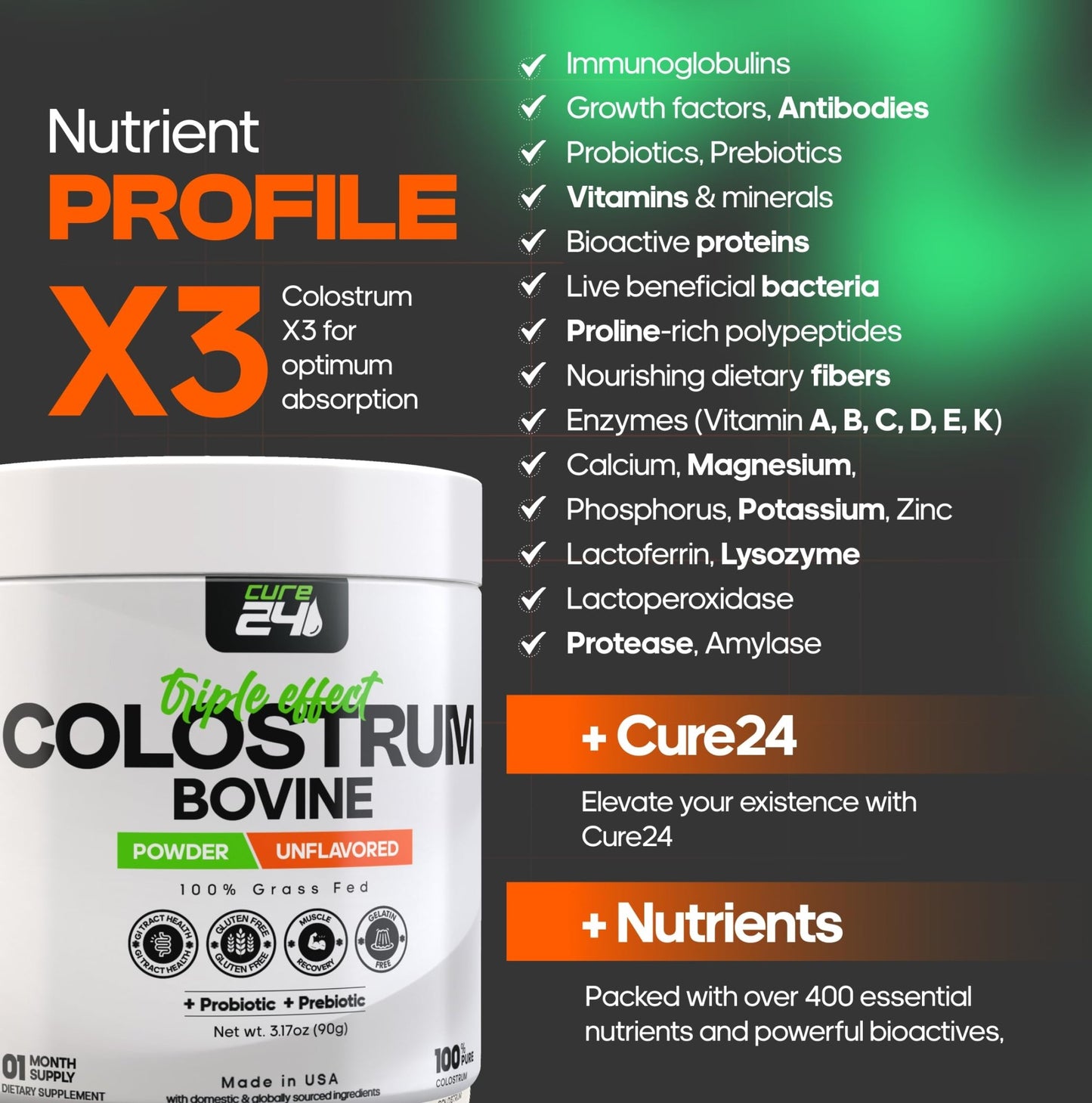 Cure24 Bovine Colostrum X3 Supplement Powder for Humans, 100% Pure Whole Natural Grass Fed Superfood, High IgG, Plus Probiotic - dailyvitalstore