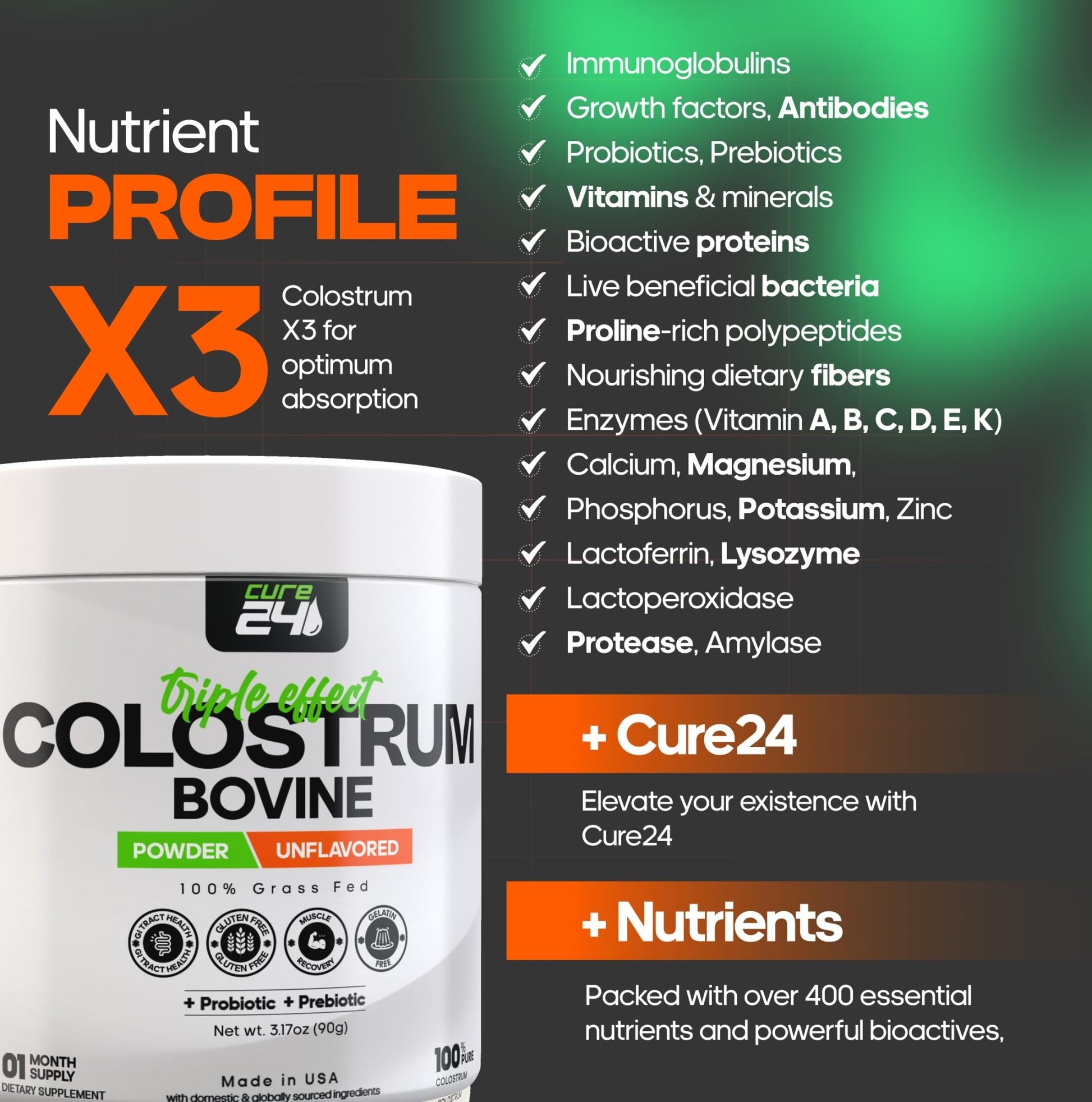Cure24 Bovine Colostrum X3 Supplement Powder for Humans, 100% Pure Whole Natural Grass Fed Superfood, High IgG, Plus Probiotic - dailyvitalstore