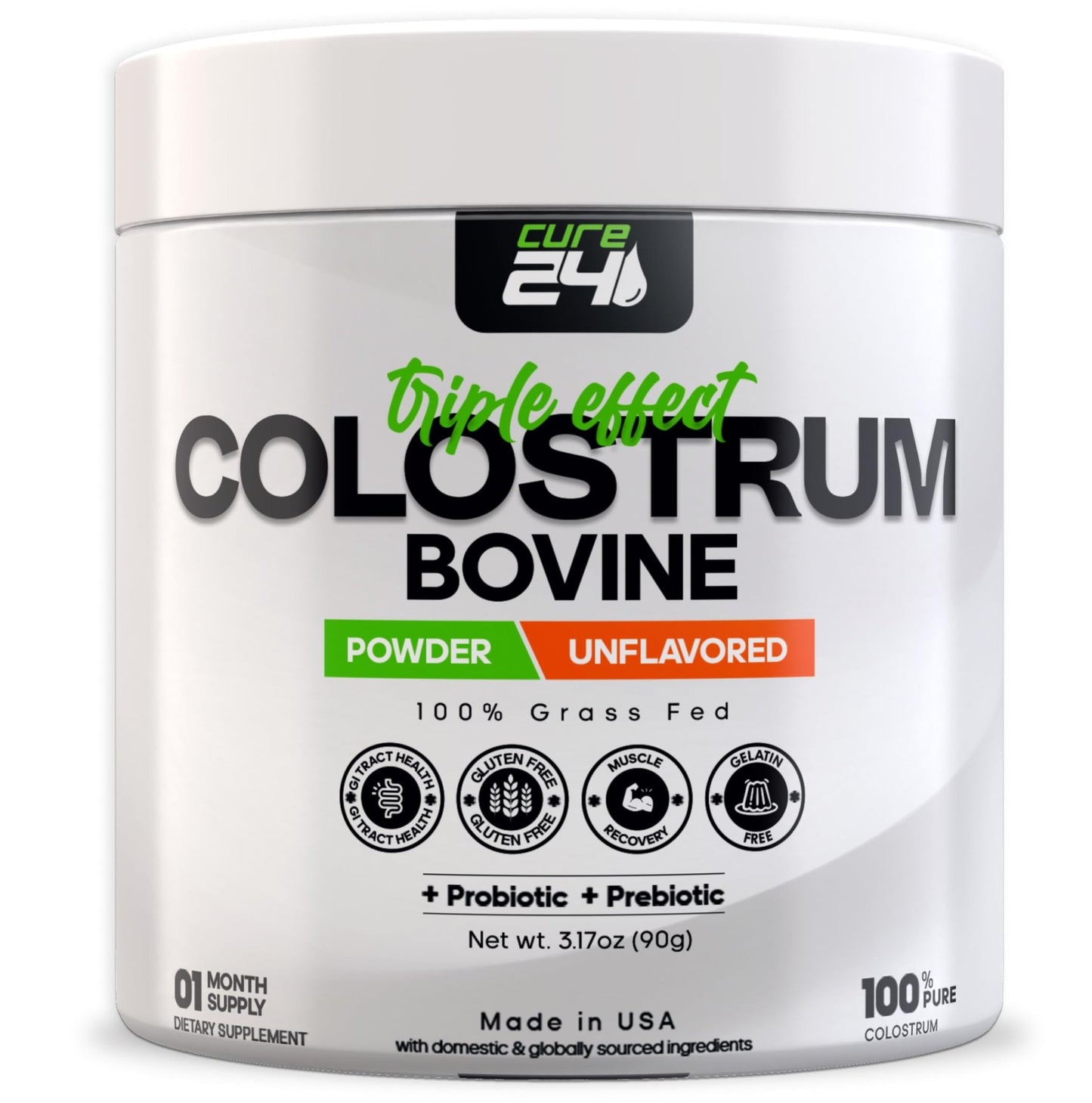 Cure24 Bovine Colostrum X3 Supplement Powder for Humans, 100% Pure Whole Natural Grass Fed Superfood, High IgG, Plus Probiotic - dailyvitalstore