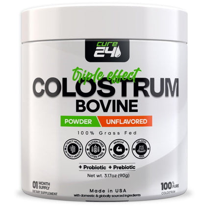 Cure24 Bovine Colostrum X3 Supplement Powder for Humans, 100% Pure Whole Natural Grass Fed Superfood, High IgG, Plus Probiotic - dailyvitalstore