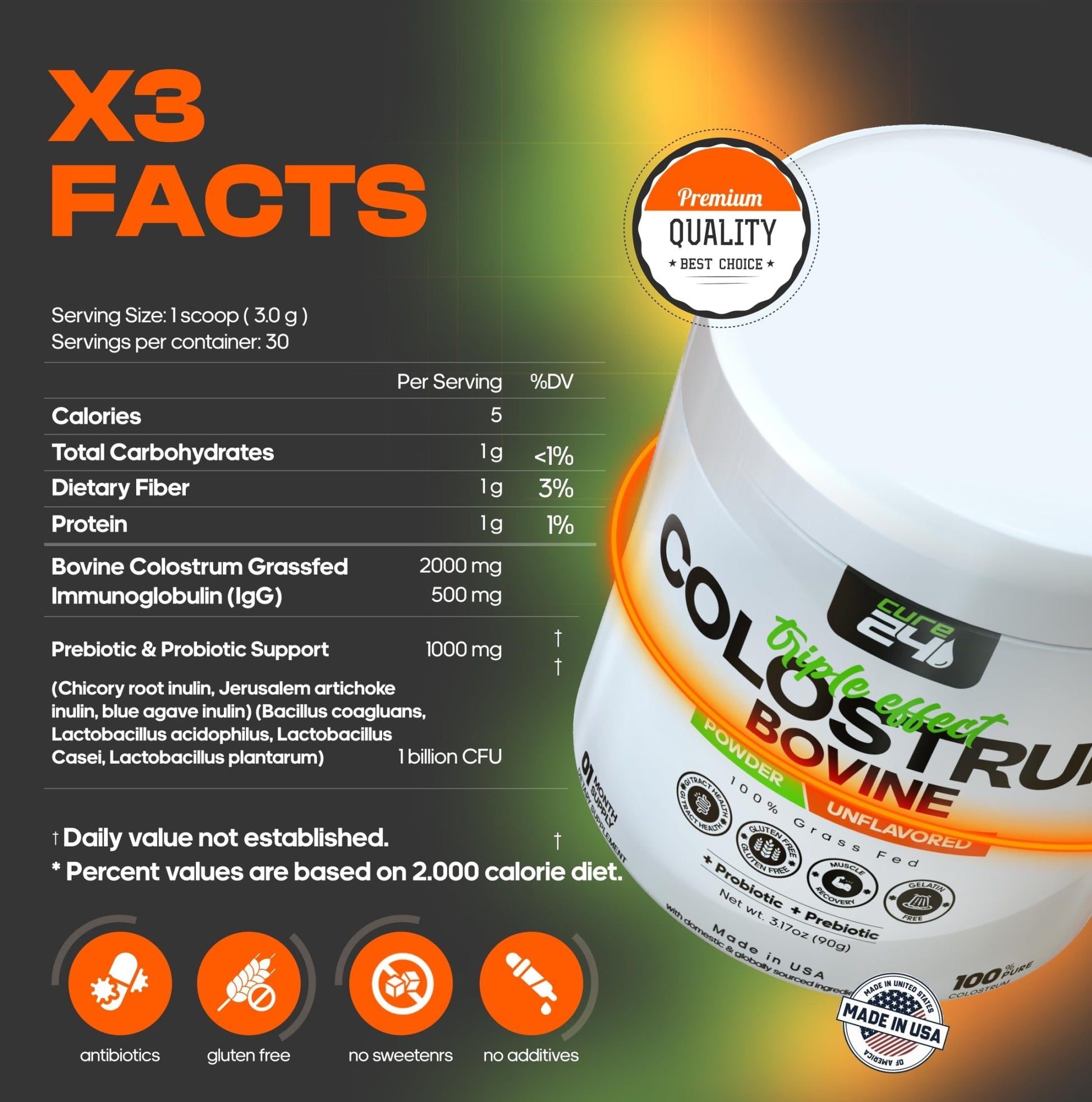 Cure24 Bovine Colostrum X3 Supplement Powder for Humans, 100% Pure Whole Natural Grass Fed Superfood, High IgG, Plus Probiotic - dailyvitalstore