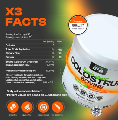 Cure24 Bovine Colostrum X3 Supplement Powder for Humans, 100% Pure Whole Natural Grass Fed Superfood, High IgG, Plus Probiotic - dailyvitalstore