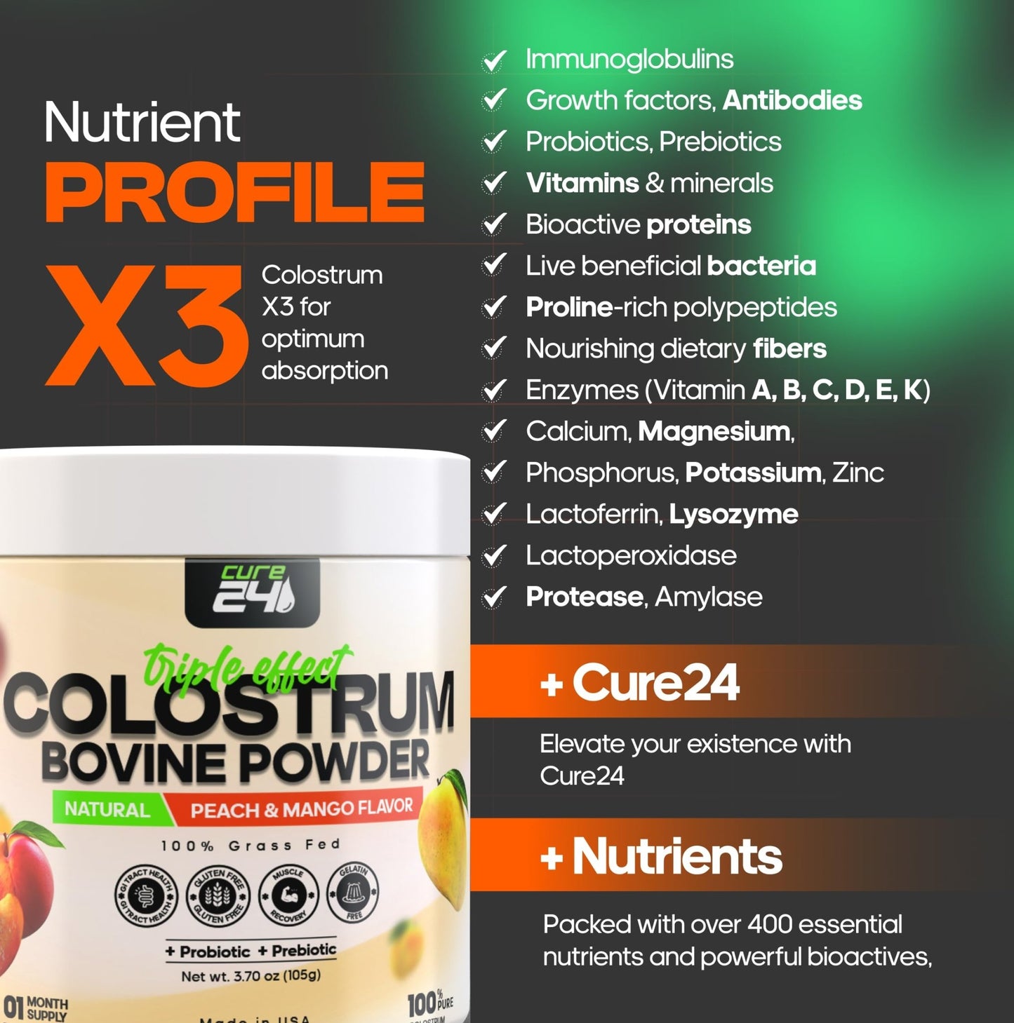 Cure24 Bovine X3 Colostrum Supplement Powder for Humans, 100% Pure Whole Natural Grass Fed Superfood, High IgG, Plus Probiotic & Prebiotic, Natural Peach-Mango Flavor, Made in USA - dailyvitalstore