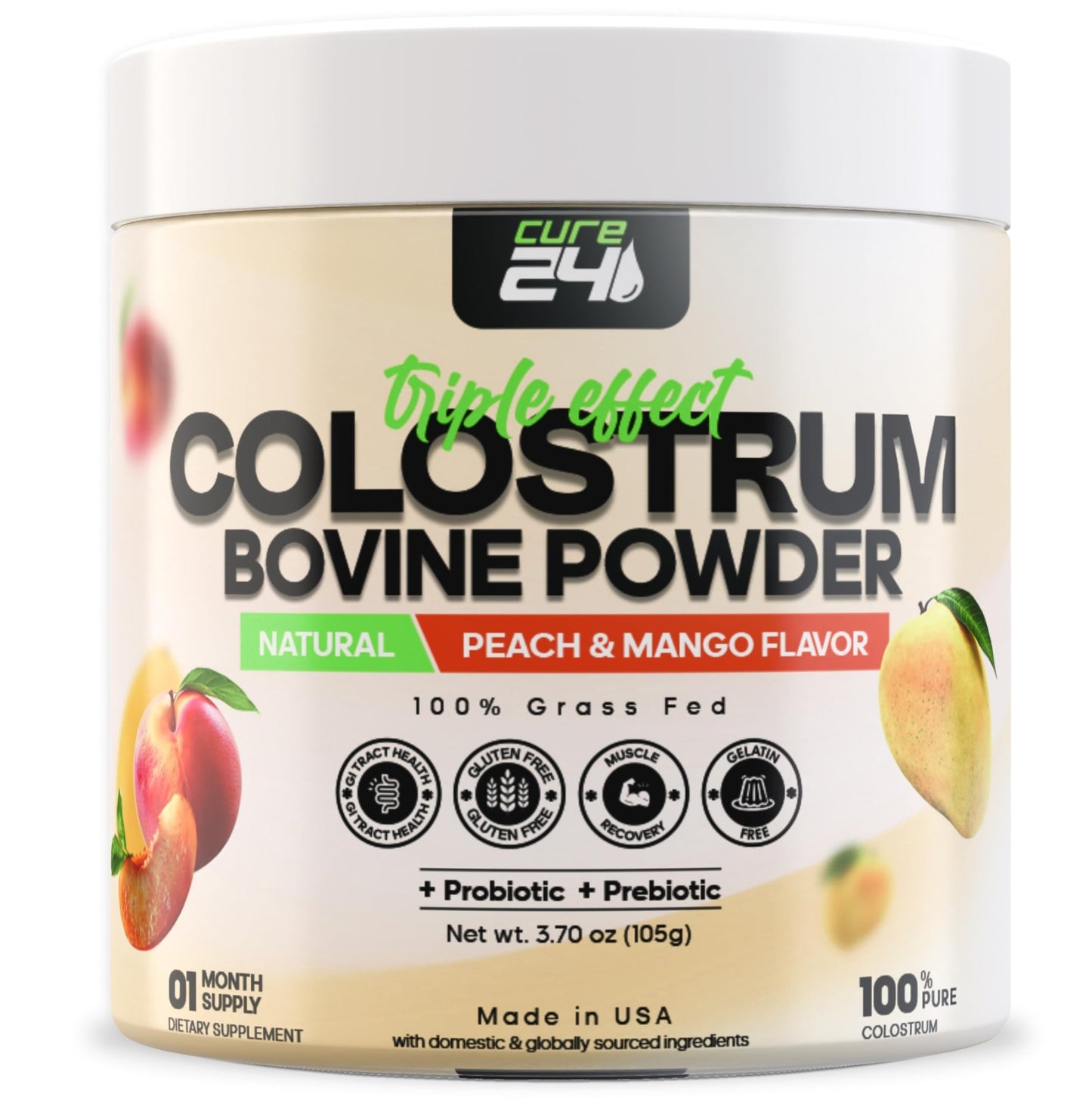 Cure24 Bovine X3 Colostrum Supplement Powder for Humans, 100% Pure Whole Natural Grass Fed Superfood, High IgG, Plus Probiotic & Prebiotic, Natural Peach-Mango Flavor, Made in USA - dailyvitalstore