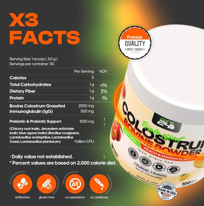Cure24 Bovine X3 Colostrum Supplement Powder for Humans, 100% Pure Whole Natural Grass Fed Superfood, High IgG, Plus Probiotic & Prebiotic, Natural Peach-Mango Flavor, Made in USA - dailyvitalstore