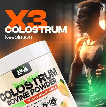 Cure24 Bovine X3 Colostrum Supplement Powder for Humans, 100% Pure Whole Natural Grass Fed Superfood, High IgG, Plus Probiotic & Prebiotic, Natural Peach-Mango Flavor, Made in USA - dailyvitalstore