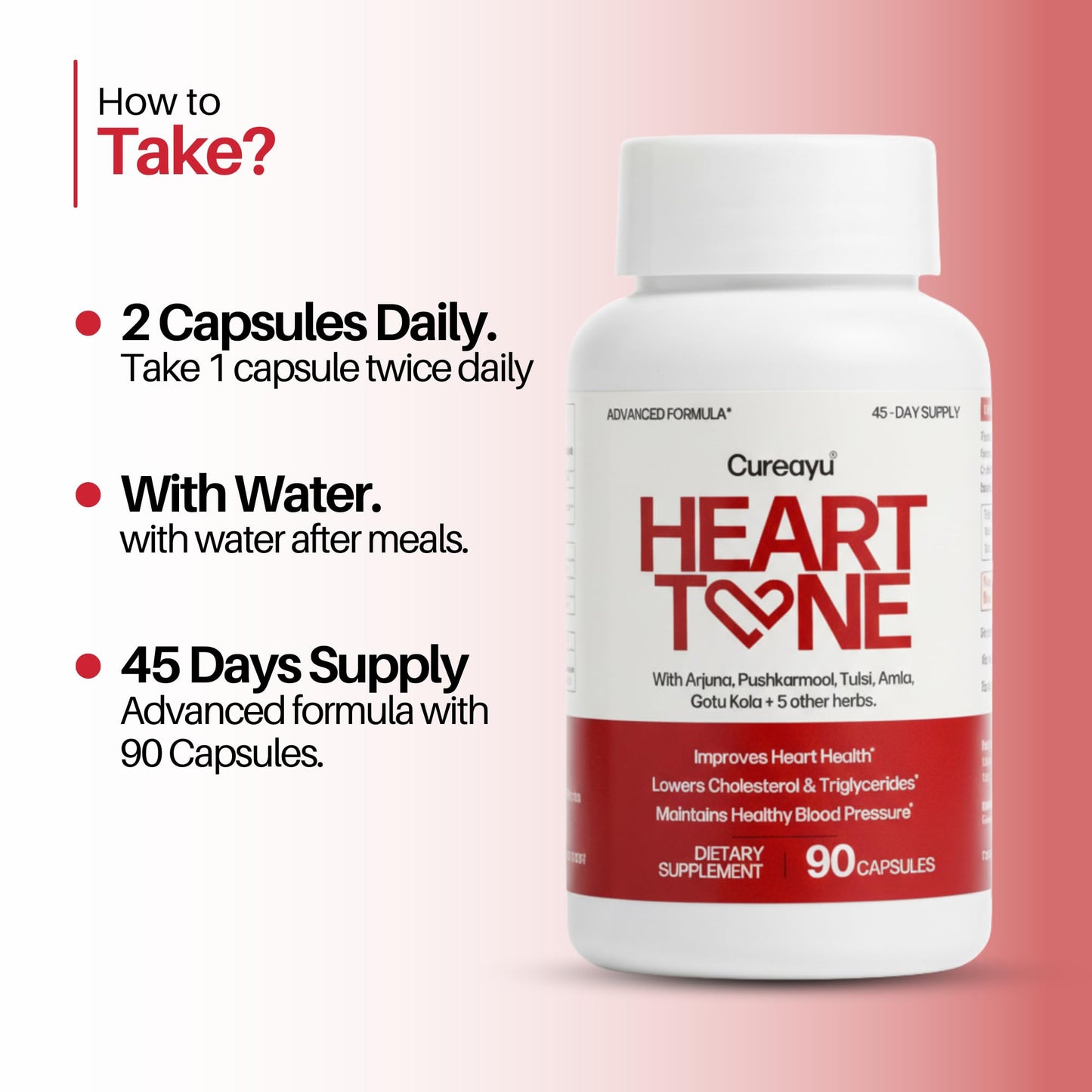Cureayu Heart Tone Capsules | Natural Heart Health Supplement | Supports Healthy Cholesterol & Triglycerides Levels | with Arjuna, Pushkarmool + 8 Other Herbs | 90 Capsules - dailyvitalstore