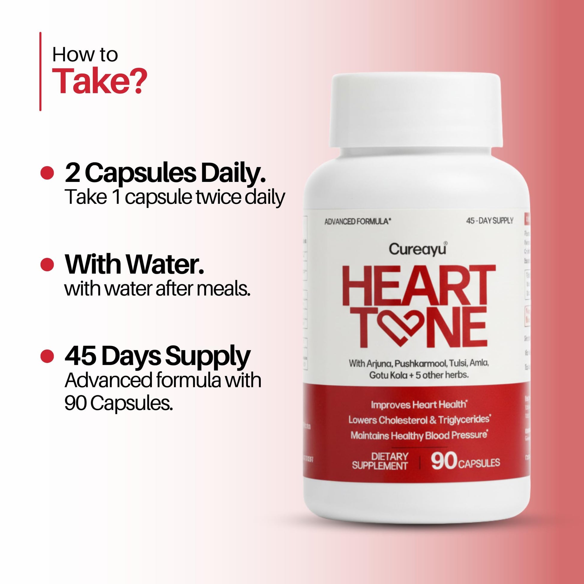 Cureayu Heart Tone Capsules | Natural Heart Health Supplement | Supports Healthy Cholesterol & Triglycerides Levels | with Arjuna, Pushkarmool + 8 Other Herbs | 90 Capsules - dailyvitalstore