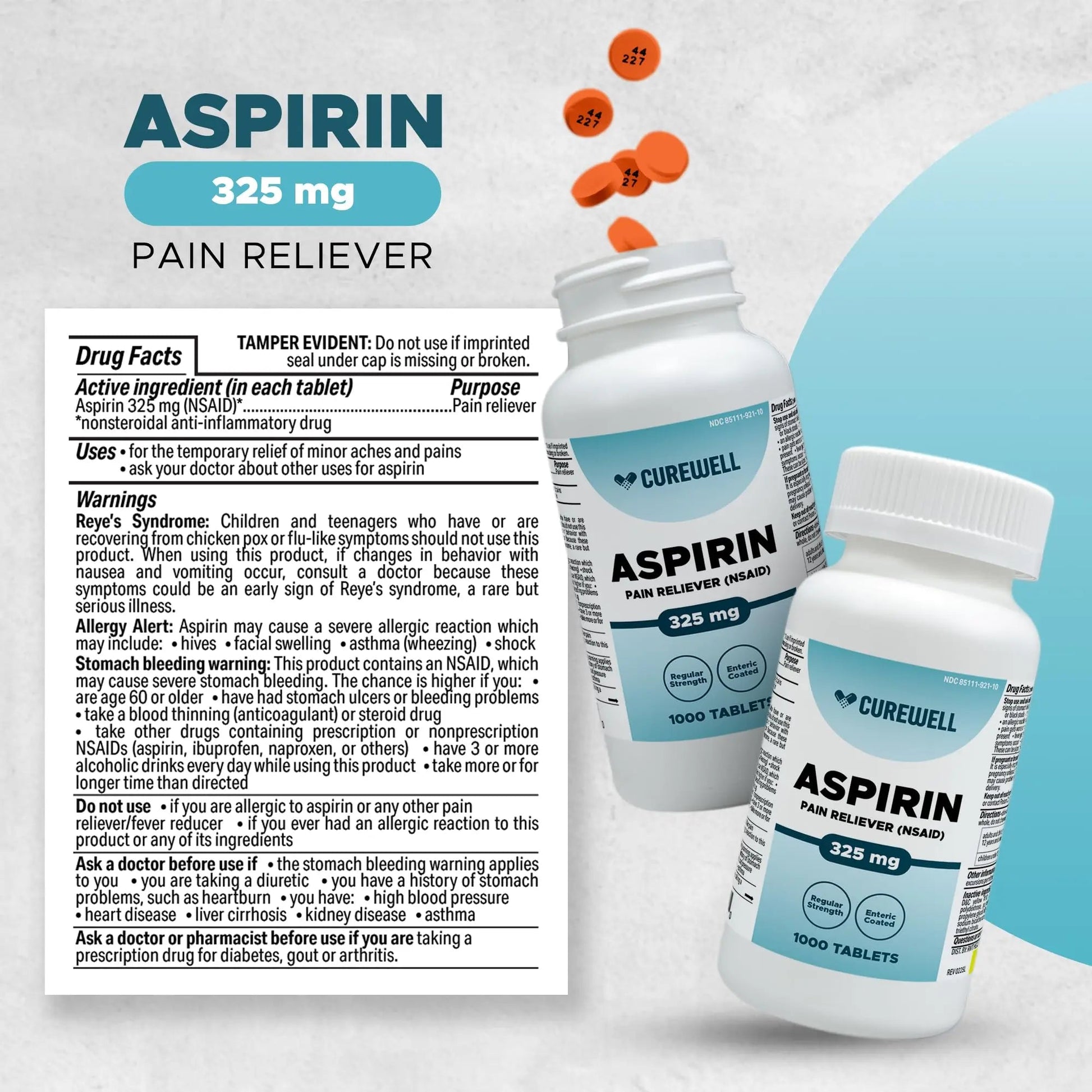 CUREWELL Enteric Coated Aspirin Tablets 325mg (1000 Count) NSAID Pain Reliever & Fever Reducer Coated Aspirin for Adults - Regular Strength for Headache Arthritis Menstrual & Muscle Pain - dailyvitalstore