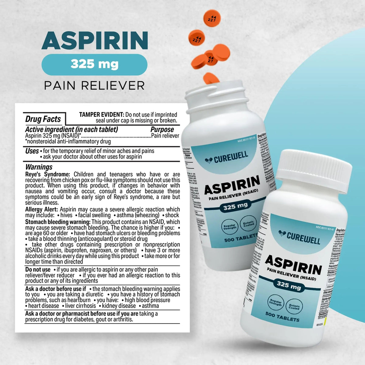 CUREWELL Enteric Coated Aspirin Tablets 325mg (500 Count) NSAID Pain Reliever & Fever Reducer Coated Aspirin for Adults - Regular Strength for Headache Arthritis Menstrual & Muscle Pain - dailyvitalstore