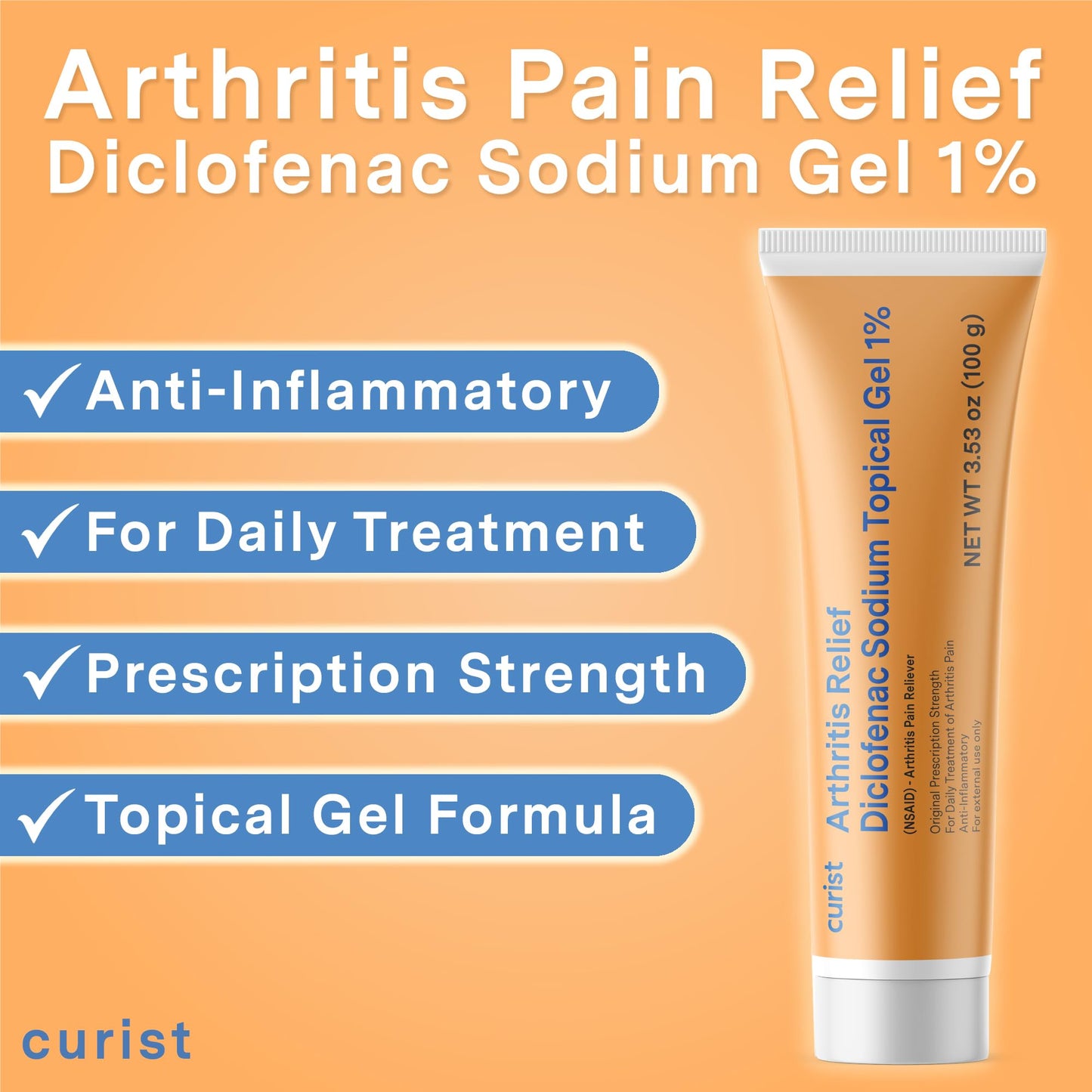 Curist Diclofenac Sodium Topical Gel 1 Percent 100g for Arthritis Pain - Joint Pain Relief for Hand Pain, Foot Pain, Knee Pain, Elbow Pain & Ankle Pain - 1% - 3.53oz - dailyvitalstore
