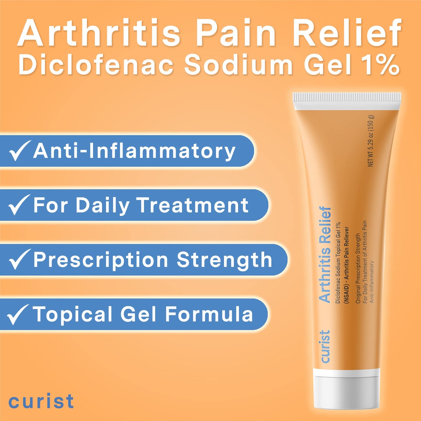 Curist Diclofenac Sodium Topical Gel 1 Percent 150g for Arthritis Pain - Joint Pain Relief for Hand/Foot Pain, Knee/Elbow Pain & Ankle Pain - 1% - 5.29oz - dailyvitalstore