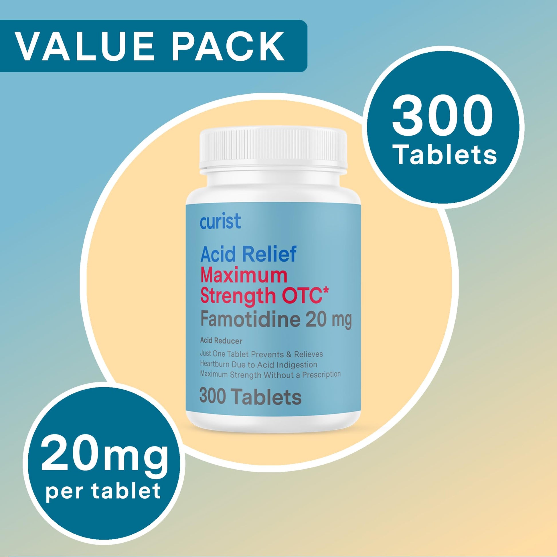 Curist Famotidine 20mg Bulk Pack (300 Count Tablets) Acid Reflux Medicine for Heartburn Relief - OTC Maximum Strength Stomach Acid Reducer - Anti Acid Relief Tablets for Indigestion Heartburn Relief - dailyvitalstore