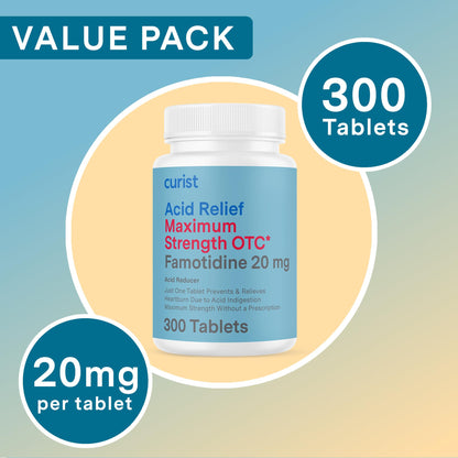 Curist Famotidine 20mg Bulk Pack (300 Count Tablets) Acid Reflux Medicine for Heartburn Relief - OTC Maximum Strength Stomach Acid Reducer - Anti Acid Relief Tablets for Indigestion Heartburn Relief - dailyvitalstore