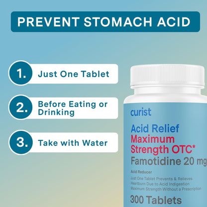 Curist Famotidine 20mg Bulk Pack (300 Count Tablets) Acid Reflux Medicine for Heartburn Relief - OTC Maximum Strength Stomach Acid Reducer - Anti Acid Relief Tablets for Indigestion Heartburn Relief - dailyvitalstore