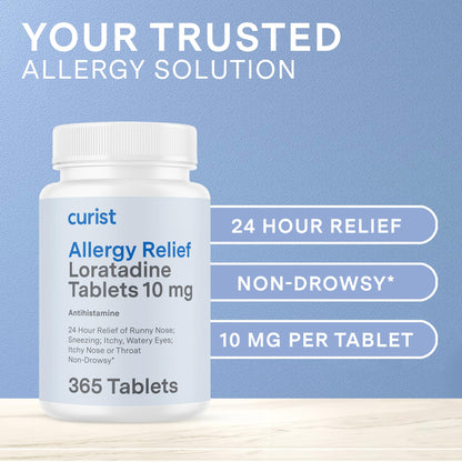 Curist Loratadine 10mg 365 Count - All Day Non Drowsy Allergy Medicine - 24 Hour Antihistamine Tablets for Runny Nose, Itchy Eyes, & Sneezing - Indoor & Outdoor Allergy Medicine for Adults - dailyvitalstore