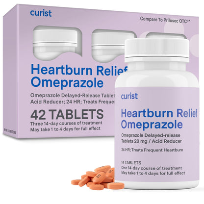 Curist Omeprazole 20mg Tablets - 42 Count Delayed-Release Tablets - Acid Reflux Medicine for Heartburn Relief - dailyvitalstore