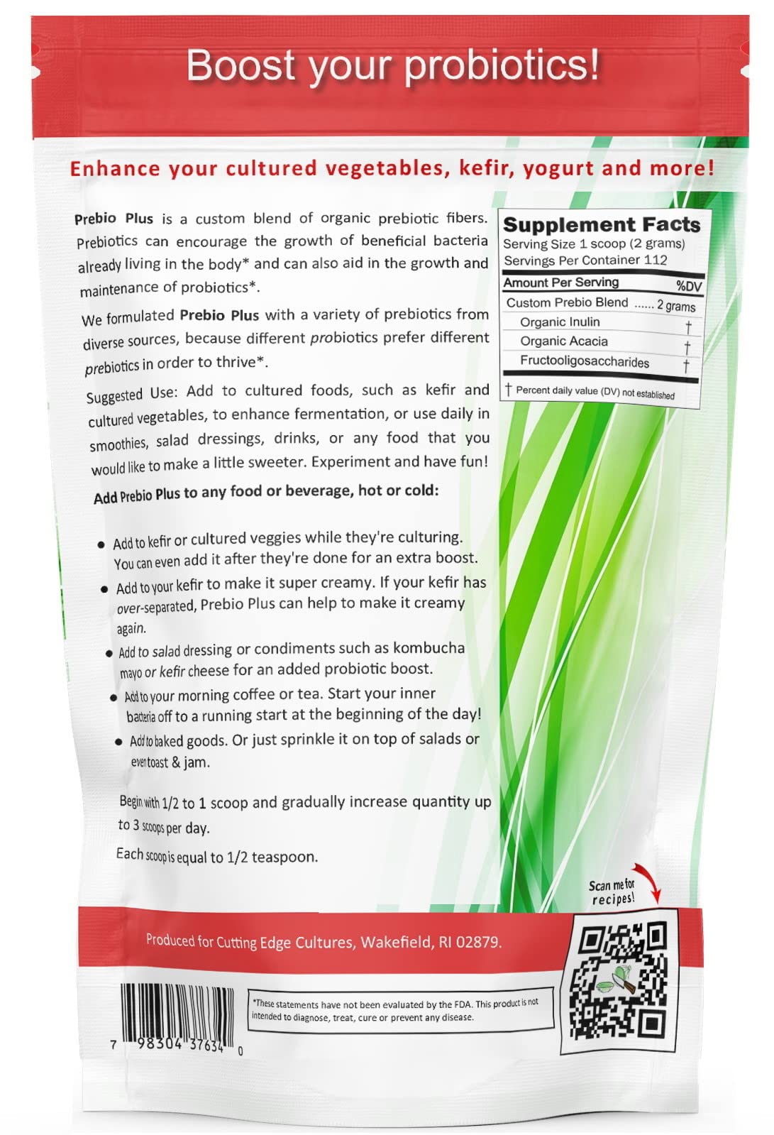 Cutting Edge Cultures Prebio Plus Prebiotic Fiber Powder Best Custom Blend of Organic Prebiotic Fibers Dietary Supplement 8 oz - dailyvitalstore