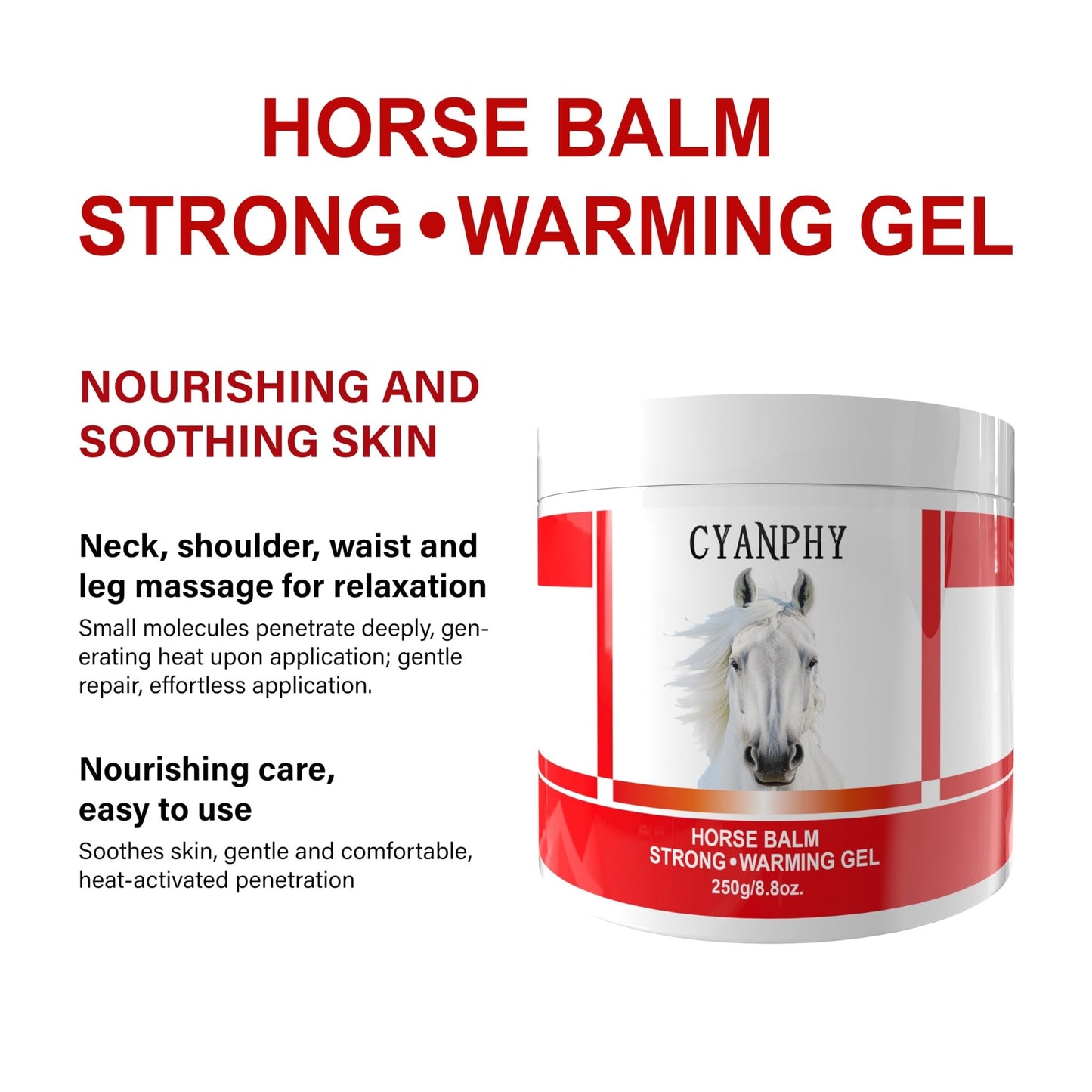CYANPHY 250g Unisex Adult Extra Strong Horse Balm Joint Massage Cream with Fresh Scent for Muscle & Joint Massage Body for Warming Massage Gel for Hands, Feet, Legs, Knees, Waist for People - dailyvitalstore