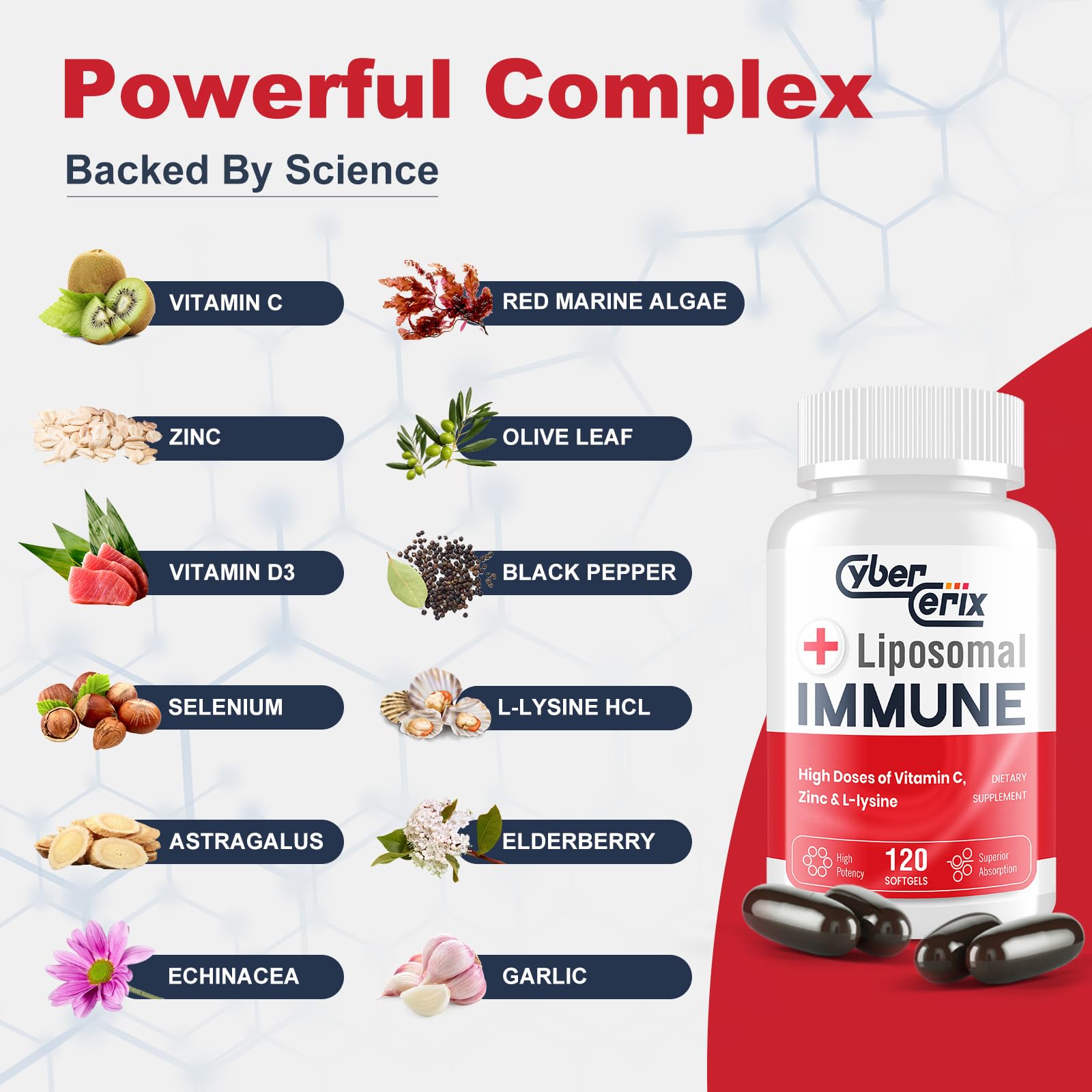 CyberCerix Advanced Liposomal Immune Supplement, Complex with L-Lysine 1,500mg, Vitamins, Minerals & Herbal Extracts, Comprehensive Daily Wellness Blend for Men & Women - 120 Capsules - dailyvitalstore