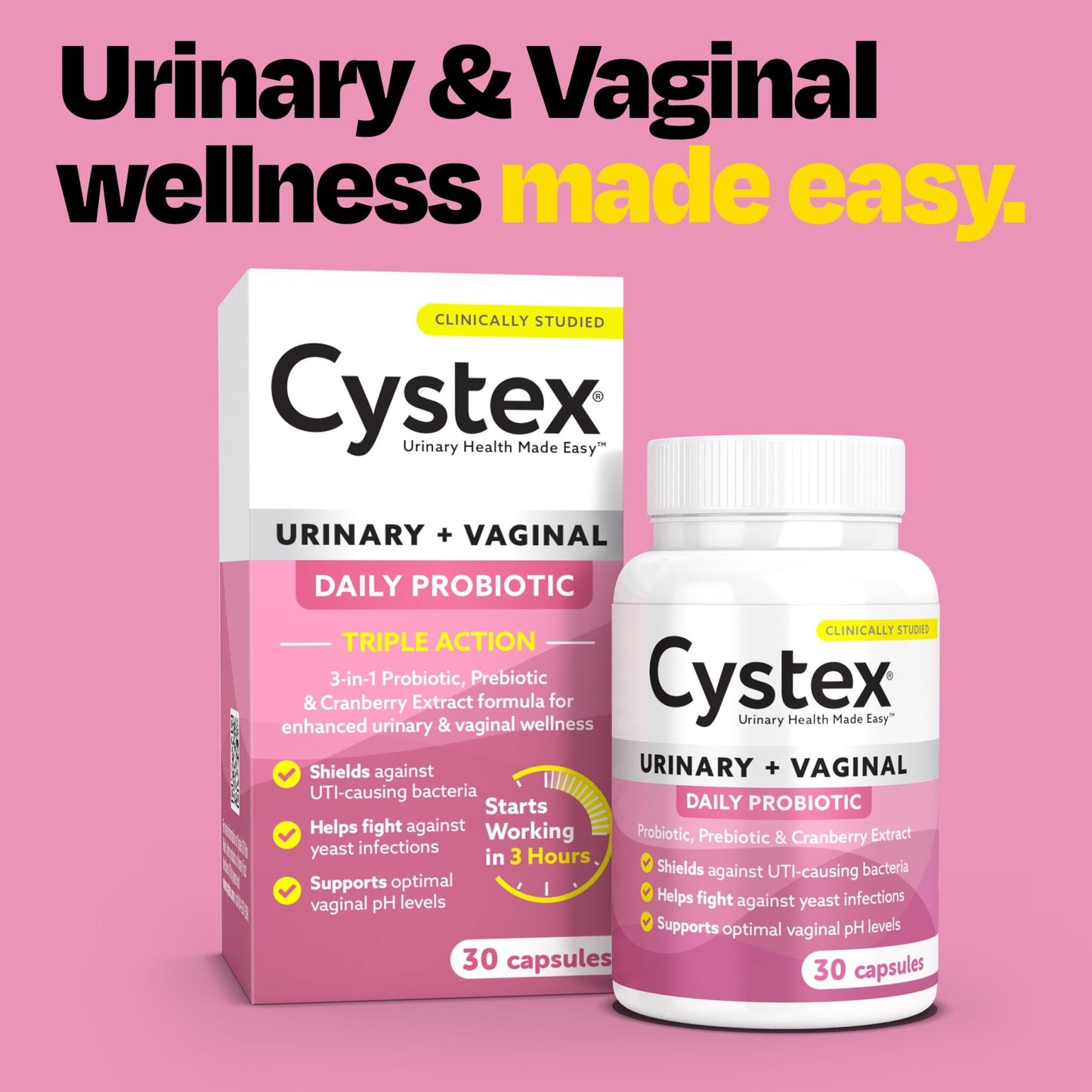 Cystex 3-in-1 Urinary Tract Probiotic for Women - Fast-Acting UTI & Yeast Infection Support with Prebiotics, Probiotics, & Cranberry - Supports Vaginal pH & Flora Balance - 30 Capsules - dailyvitalstore