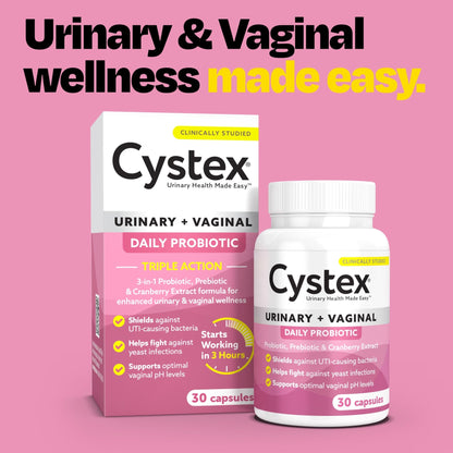 Cystex 3-in-1 Urinary Tract Probiotic for Women - Fast-Acting UTI & Yeast Infection Support with Prebiotics, Probiotics, & Cranberry - Supports Vaginal pH & Flora Balance - 30 Capsules - dailyvitalstore