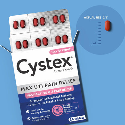 Cystex Maximum-Strength UTI Pain Relief Tablets - 99.5 mg Phenazopyridine HCl for Fast Relief of Burning, Urgency, & Bladder Discomfort - Non-Staining, Fast-Acting Formula - 24-Count - dailyvitalstore