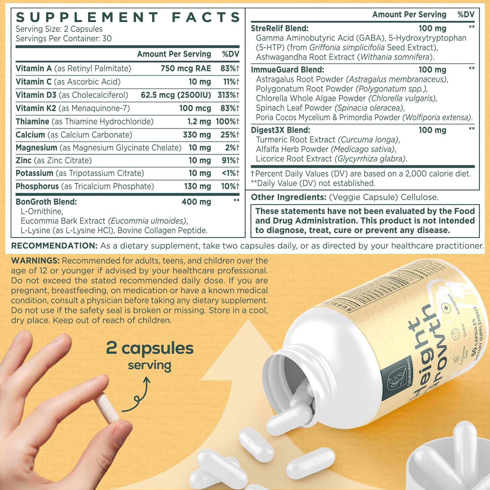 CystoRebalance 25-in 1 Bone Strength Supplement - for Natural Growth, Digestion and Stress - High Absorption - Calcium, Magnesium, Zinc, Ashwaganda and Multivitamins for Age 12+ | 60 Caps - dailyvitalstore