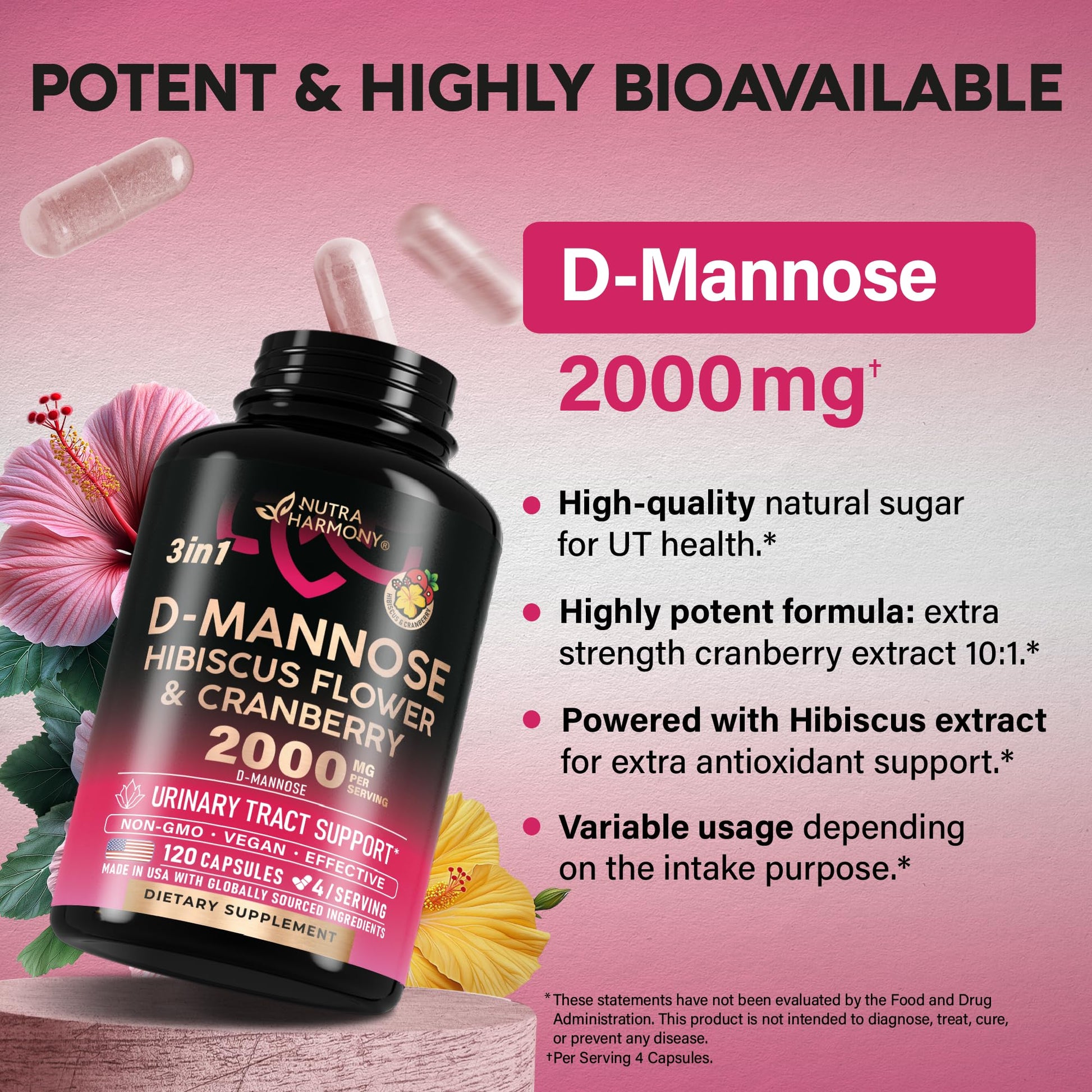 D-Mannose 2000mg with Cranberry & Hibiscus - Clinically Tested Strength for Urinary Tract Health - Supplement for Women - Bladder, Liver & Microflora Support - Made in USA - Vegan, 120 Capsules - dailyvitalstore