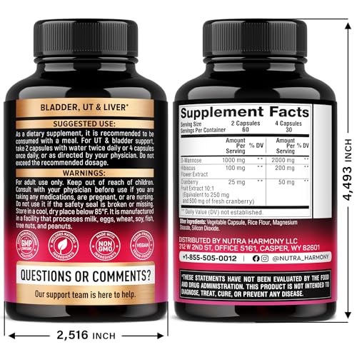 D-Mannose 2000mg with Cranberry & Hibiscus - Clinically Tested Strength for Urinary Tract Health - Supplement for Women - Bladder, Liver & Microflora Support - Made in USA - Vegan, 120 Capsules - dailyvitalstore