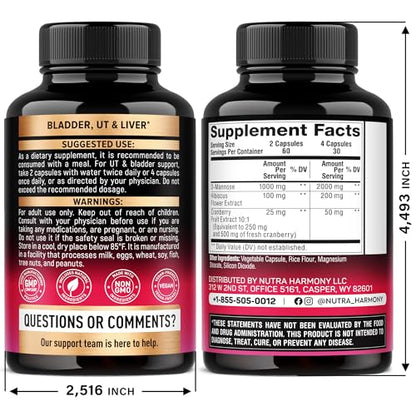 D-Mannose 2000mg with Cranberry & Hibiscus - Clinically Tested Strength for Urinary Tract Health - Supplement for Women - Bladder, Liver & Microflora Support - Made in USA - Vegan, 120 Capsules - dailyvitalstore