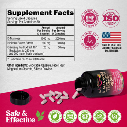 D-Mannose 2000mg with Cranberry & Hibiscus - Clinically Tested Strength for Urinary Tract Health - Supplement for Women - Bladder, Liver & Microflora Support - Made in USA - Vegan, 120 Capsules - dailyvitalstore