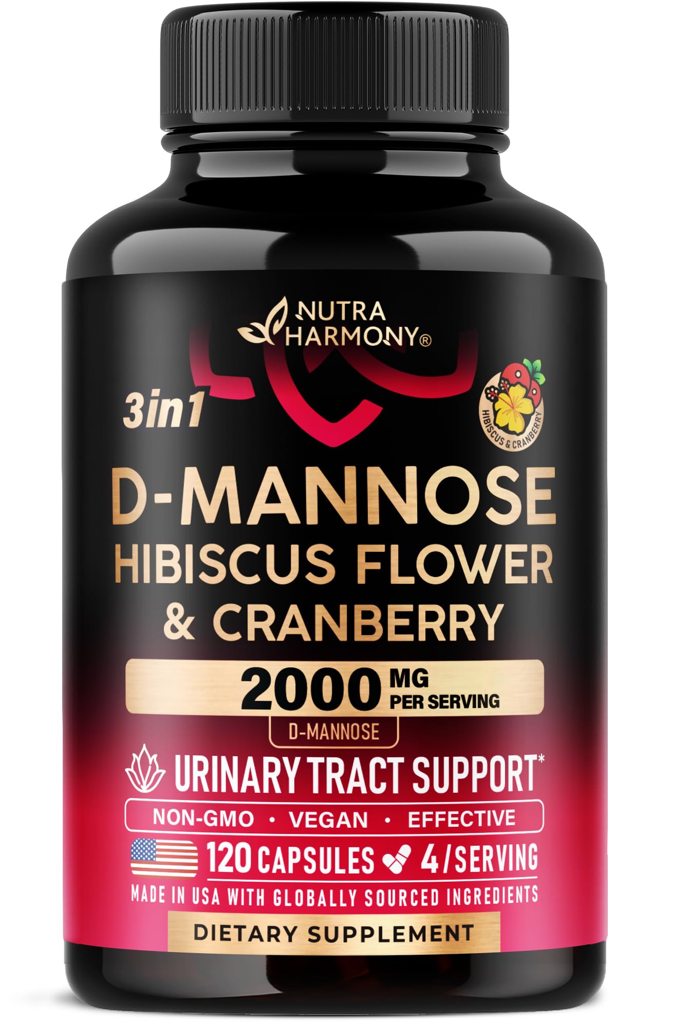 D-Mannose 2000mg with Cranberry & Hibiscus - Clinically Tested Strength for Urinary Tract Health - Supplement for Women - Bladder, Liver & Microflora Support - Made in USA - Vegan, 120 Capsules - dailyvitalstore