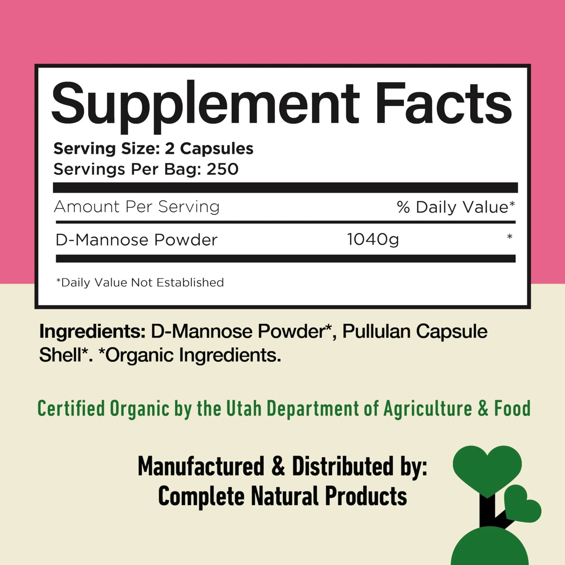 D Mannose 520mg Capsules - Organic D Mannose Supplement for UT Support, Urinary Tract Bladder Health Pills, Plant Based Formula, Vegan Non GMO, No Fillers, 500 Capsule Count Made USA Certified Kosher - dailyvitalstore
