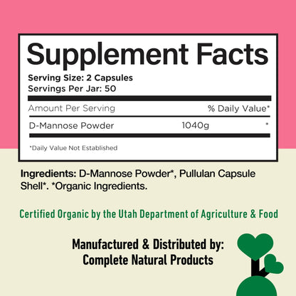 D Mannose 520mg Capsules - Organic D Mannose Supplement for UTI Support, Urinary Tract Bladder Health Pills, Plant Based Formula, Vegan Non GMO, No Fillers, 100 Capsule Count Made USA Certified Kosher - dailyvitalstore