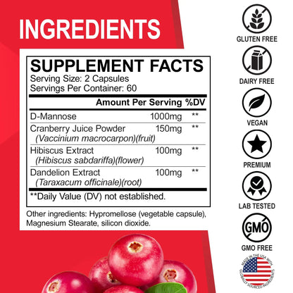D Mannose Supplements for Women Pills - Natural D-Mannose 500mg Capsules, Cranberry DMannose Pills 1000mg Per Serving - Bladder Flush & Urinary Tract Cleanse Health Supplement - 120 Veg Capsules - dailyvitalstore
