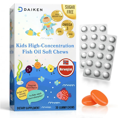DAIKEN High Concentration Kids Fish Oil Omega-3 Gummies, No Sugar Added, Individually Wrapped, 300 mg Omega-3 (DHA & EPA) with Vitamin D3 for Kid, 30 Count, Tropical Fruit Flavor, Norwegian Sourced - dailyvitalstore