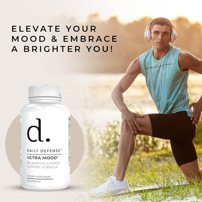 Daily Defense Mood Support Supplement - Ultra Mood 60 Count Mood Enhancer with Calcium Carbonate, Folic Acid, GABA, 5-HTP, Ashwagandha Root Extract & More - Non GMO Mood & Relaxation Supplement - dailyvitalstore