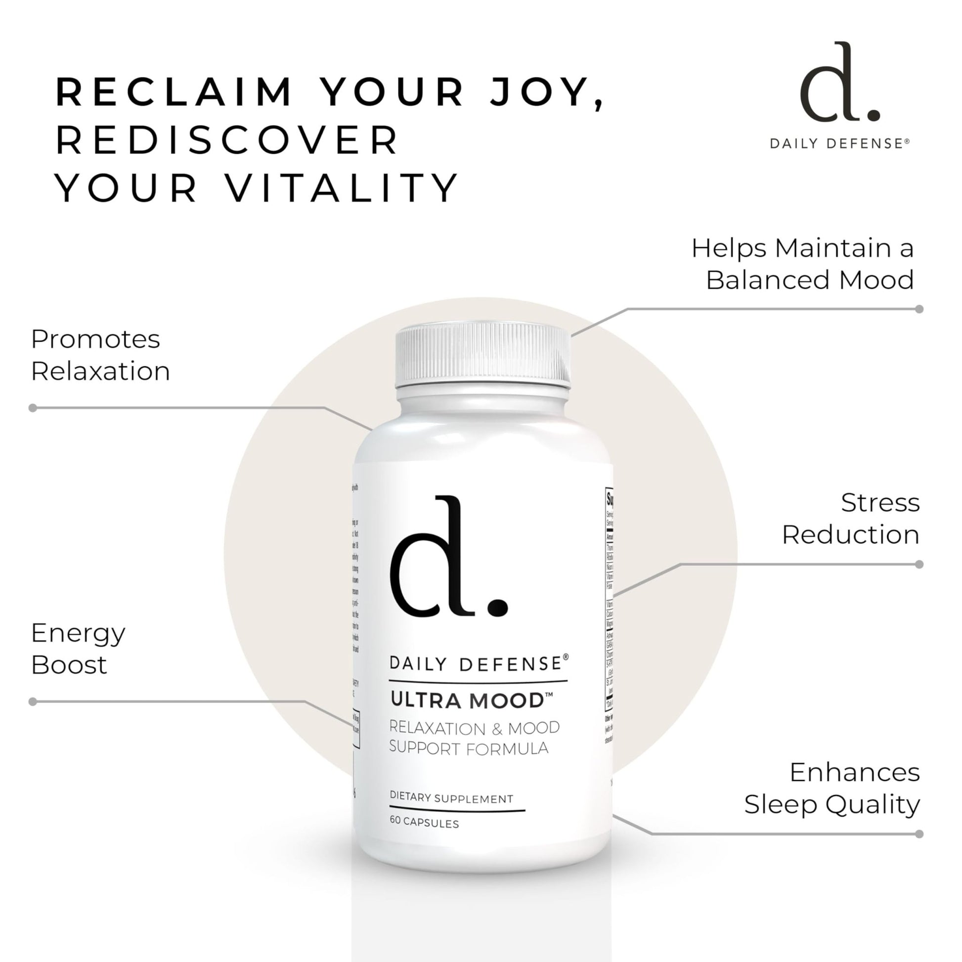 Daily Defense Mood Support Supplement - Ultra Mood 60 Count Mood Enhancer with Calcium Carbonate, Folic Acid, GABA, 5-HTP, Ashwagandha Root Extract & More - Non GMO Mood & Relaxation Supplement - dailyvitalstore