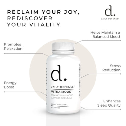 Daily Defense Mood Support Supplement - Ultra Mood 60 Count Mood Enhancer with Calcium Carbonate, Folic Acid, GABA, 5-HTP, Ashwagandha Root Extract & More - Non GMO Mood & Relaxation Supplement - dailyvitalstore