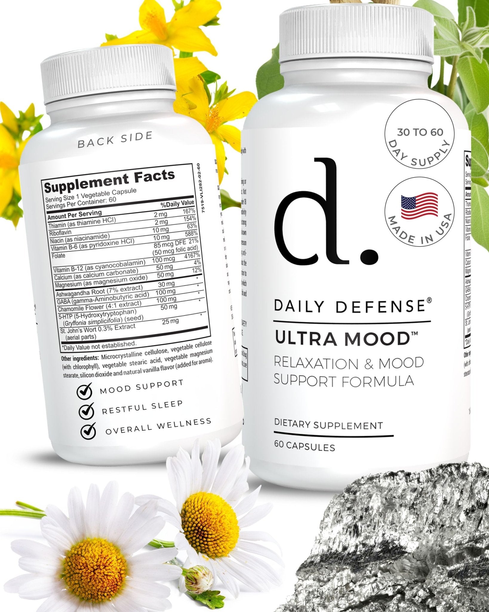 Daily Defense Mood Support Supplement - Ultra Mood 60 Count Mood Enhancer with Calcium Carbonate, Folic Acid, GABA, 5-HTP, Ashwagandha Root Extract & More - Non GMO Mood & Relaxation Supplement - dailyvitalstore