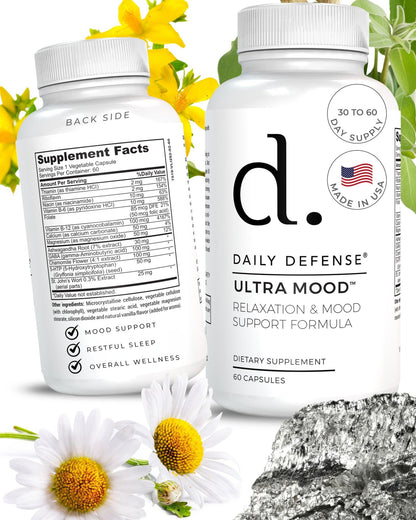 Daily Defense Mood Support Supplement - Ultra Mood 60 Count Mood Enhancer with Calcium Carbonate, Folic Acid, GABA, 5-HTP, Ashwagandha Root Extract & More - Non GMO Mood & Relaxation Supplement - dailyvitalstore