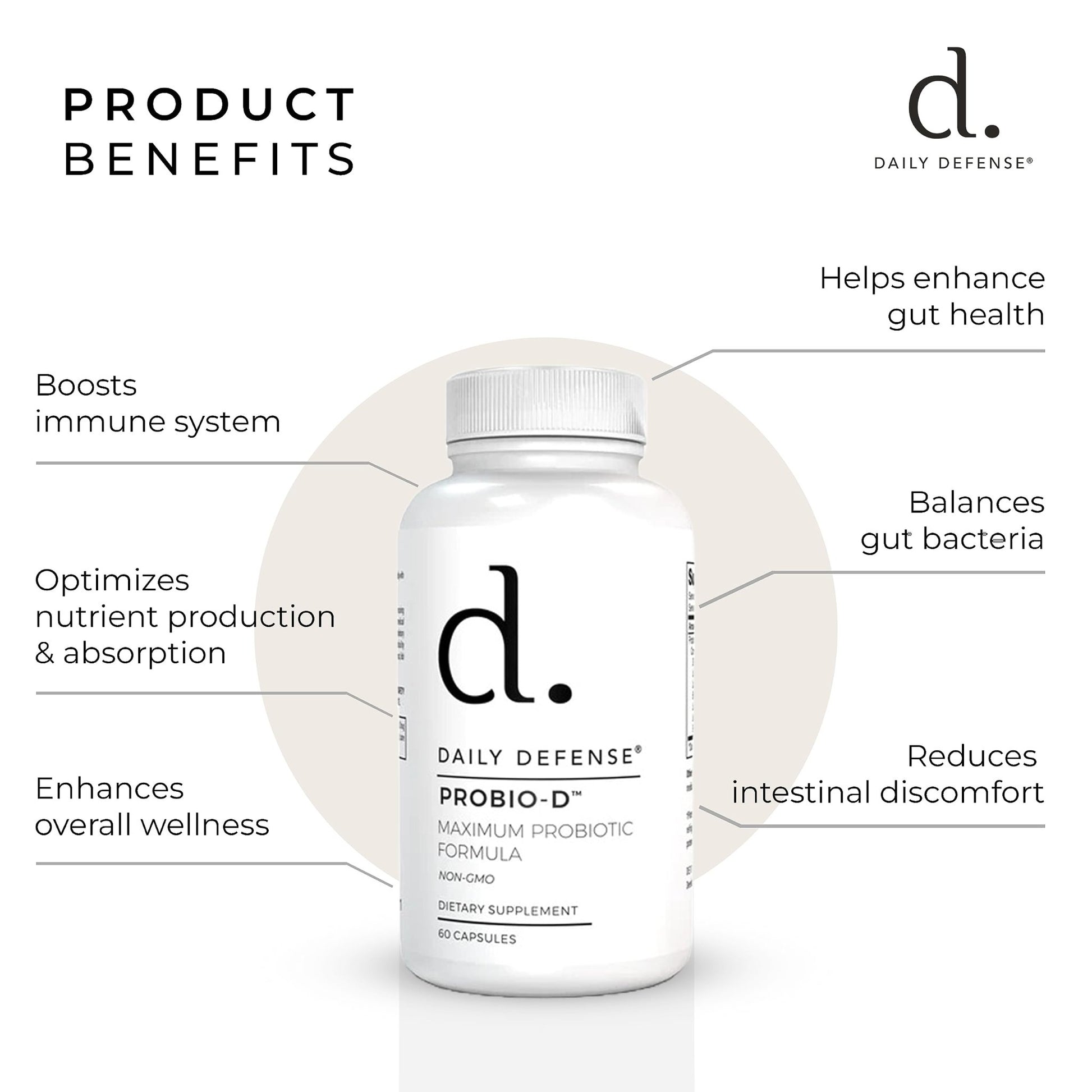 Daily Defense Probiotic Immune Support Supplement - Daily Probiotics for Men with Constipation & Gas - Digestion and Bloating Supplement & Probiotics for Women - 60 Capsules, PROBIO-D - dailyvitalstore